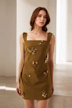 High Quality Sleeveless Waist Cinched Commute Dress Brown / S