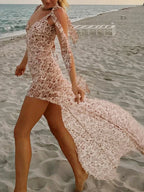 High Slit Spaghetti Floral Dress 01 Pink / S