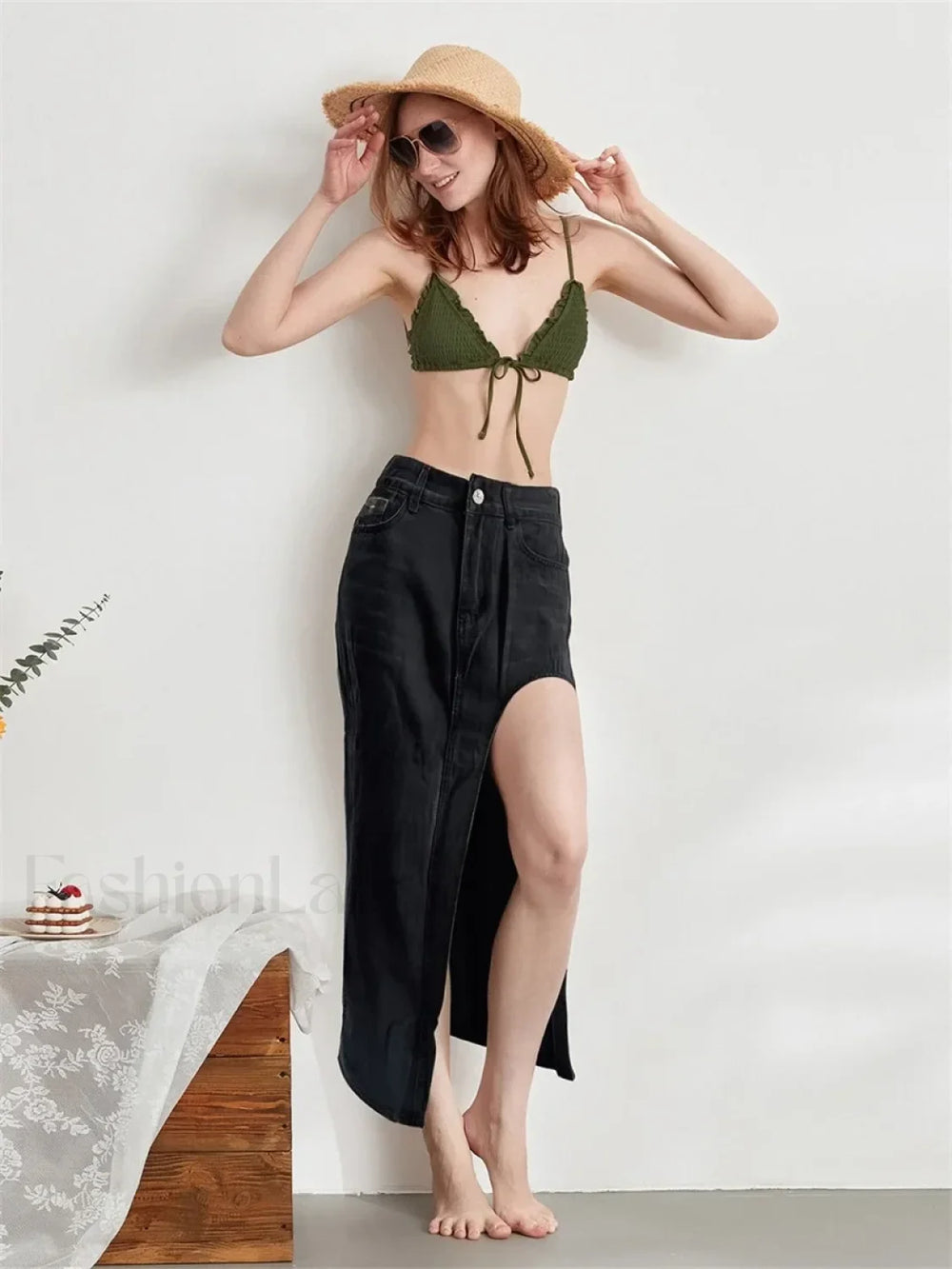 High Split Denim Pencil Skirt BLACK / S