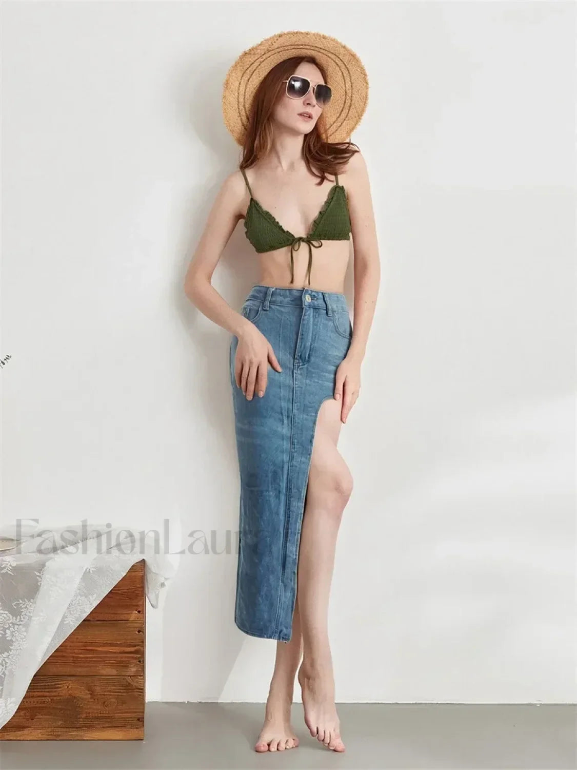 High Split Denim Pencil Skirt Secondary image