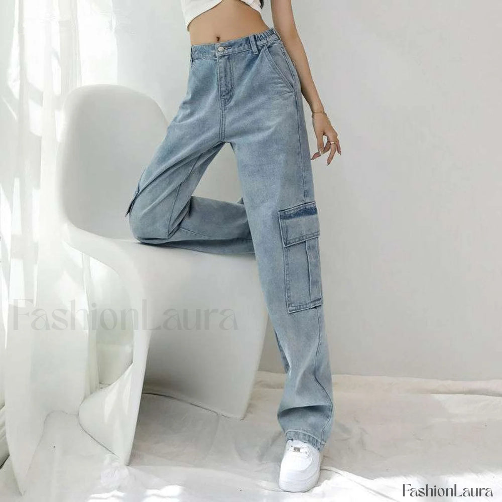 High Street Retro Trendy Loose And Wide Jeans Blue cropped trousers / S women clothing