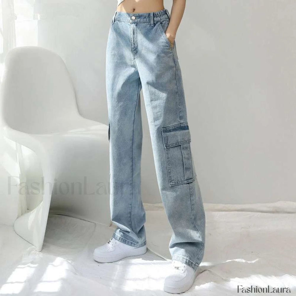 High Street Retro Trendy Loose And Wide Jeans Blue trousers / S women clothing