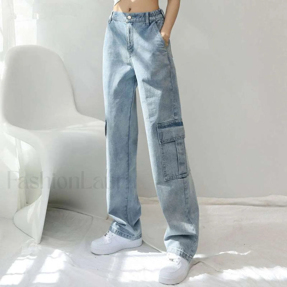 High Street Retro Trendy Loose And Wide Jeans Blue trousers / S women clothing