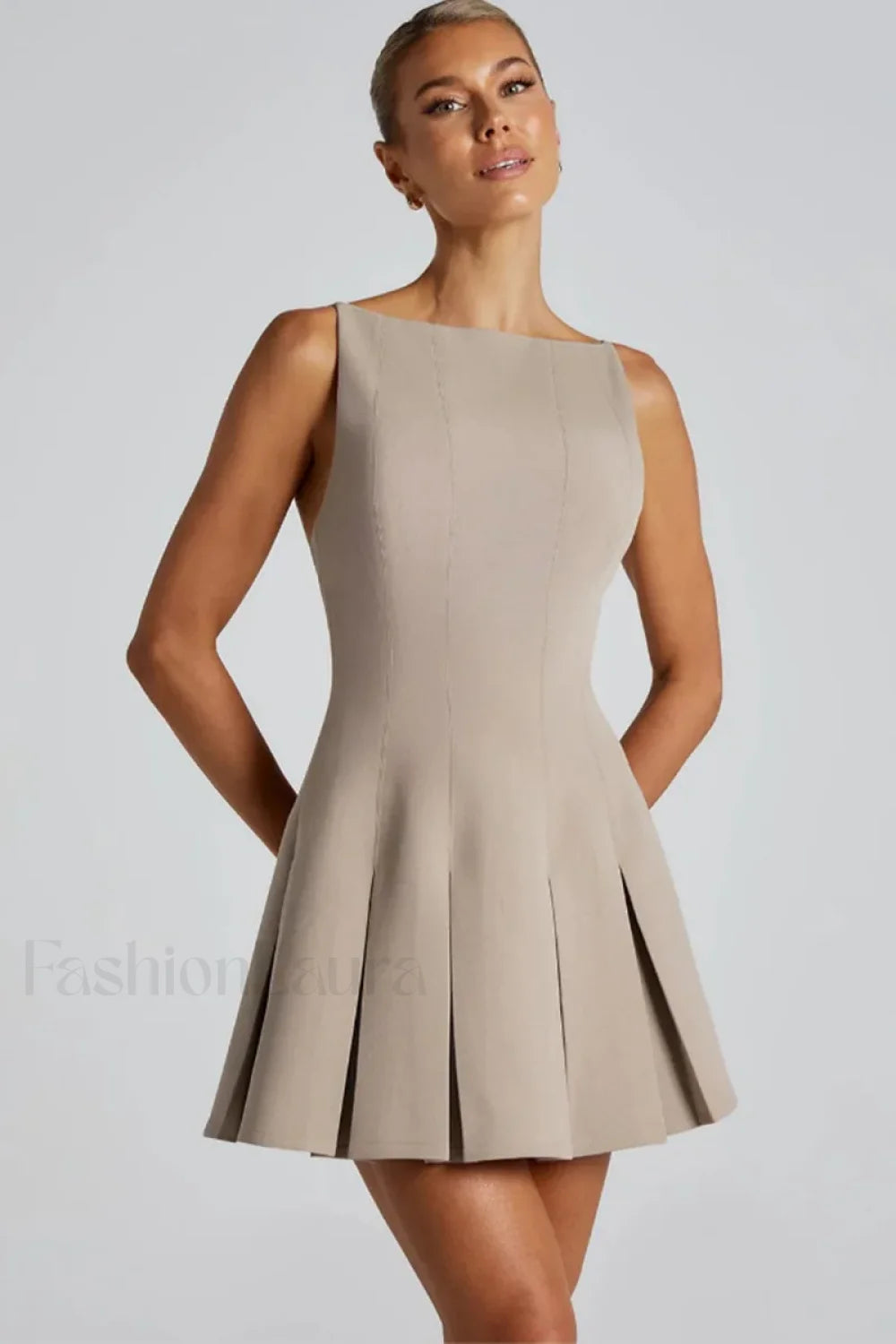 High Waist A Line Mini Dress Apricot / S