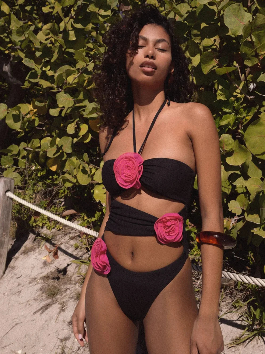 High Waist Floral Vintage One Piece black / S