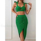 High Waist Lace Up Three Piece Set Green / S