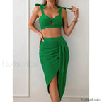 High Waist Lace Up Three Piece Set Green / S