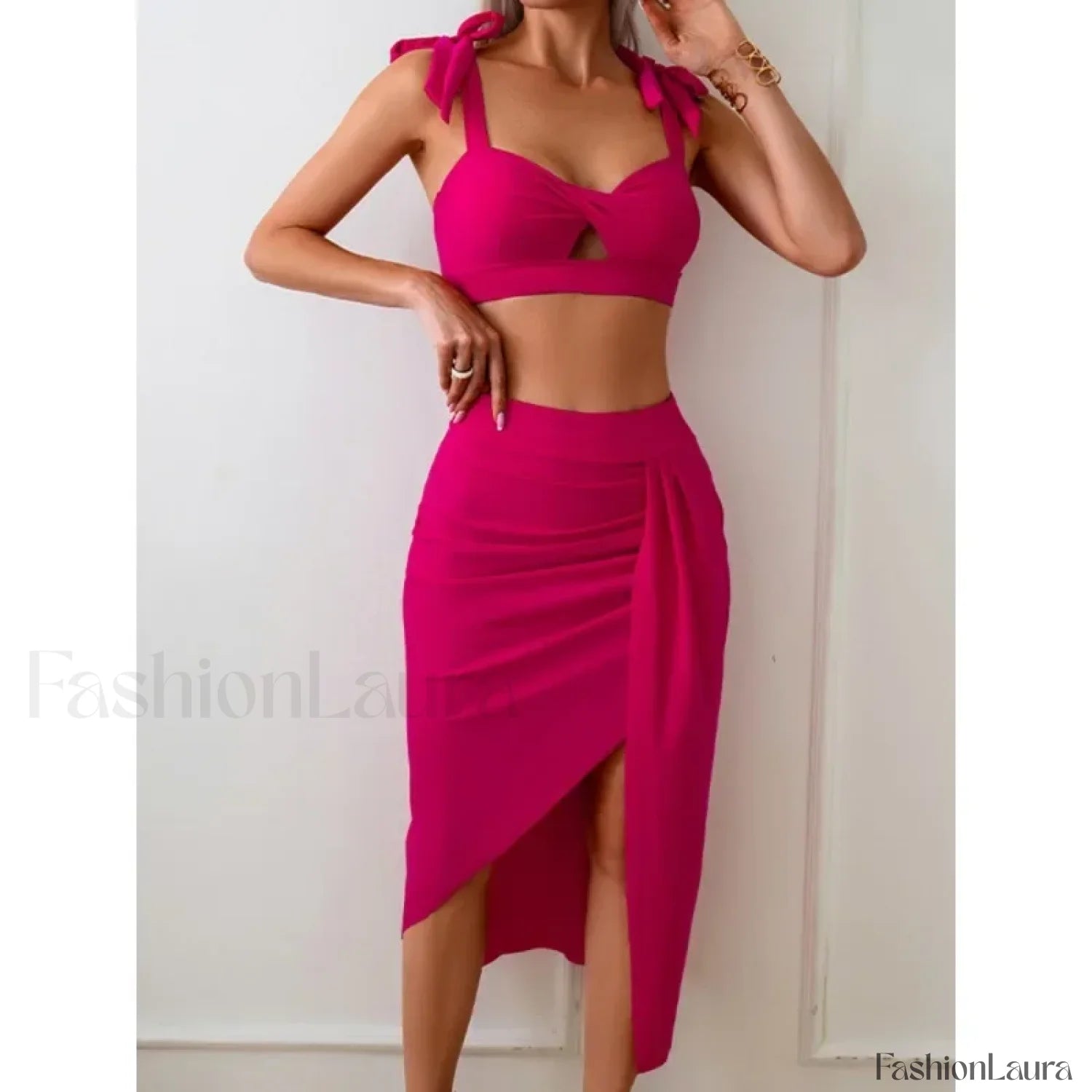High Waist Lace Up Three Piece Set Watermelon red / S