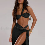 High Waist One Shoulder Thong Three Piece Set 01 Black / S