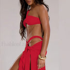 High Waist One Shoulder Thong Three Piece Set 03 Red / S