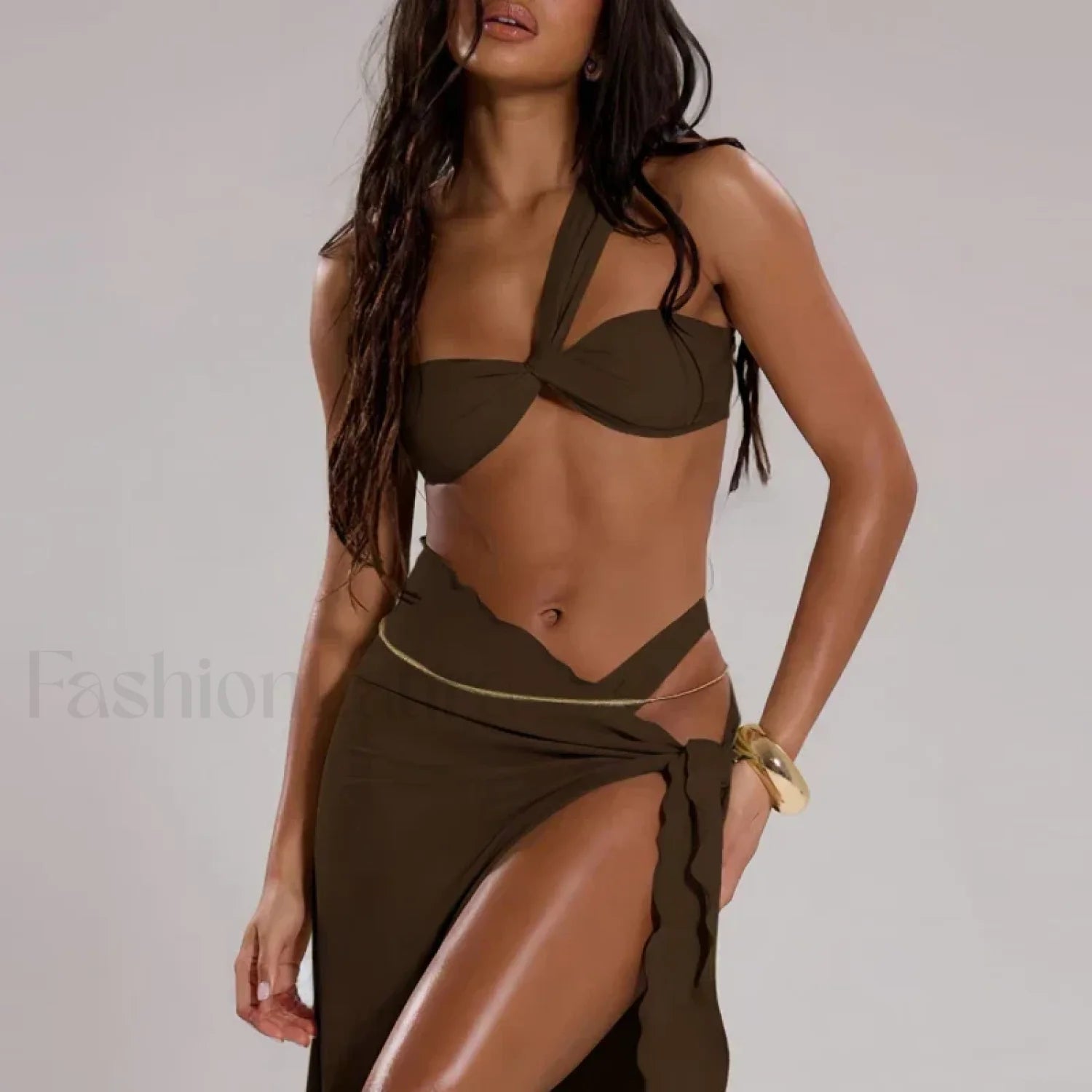 High Waist One Shoulder Thong Three Piece Set 05 Coffee / S
