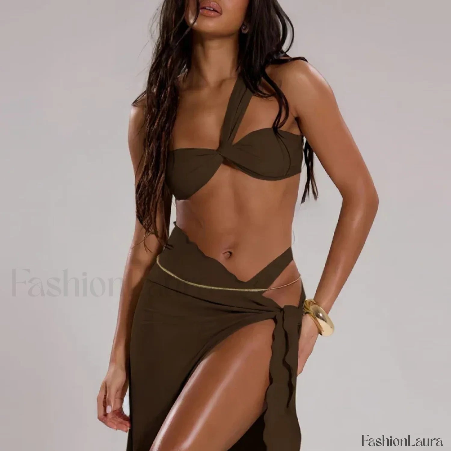 High Waist One Shoulder Thong Three Piece Set 05 Coffee / S