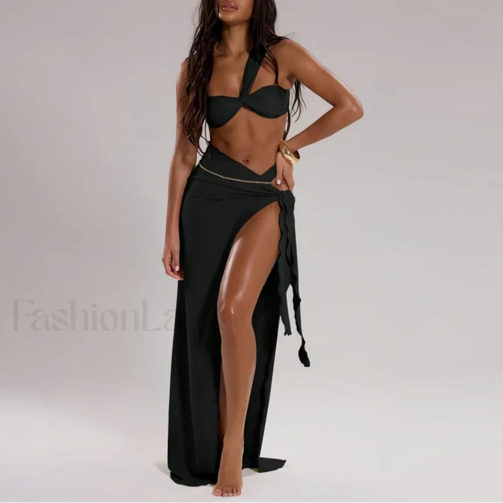 High Waist One Shoulder Thong Three Piece Set