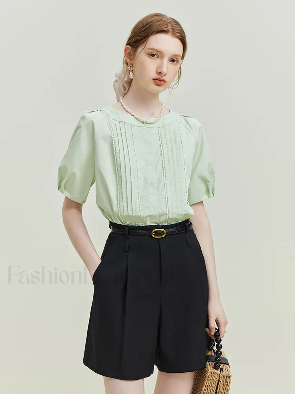 High Waist Pleated Design Twill Office Lady Solid Short