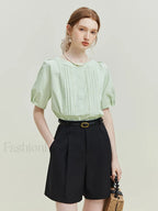 High Waist Pleated Design Twill Office Lady Solid Short