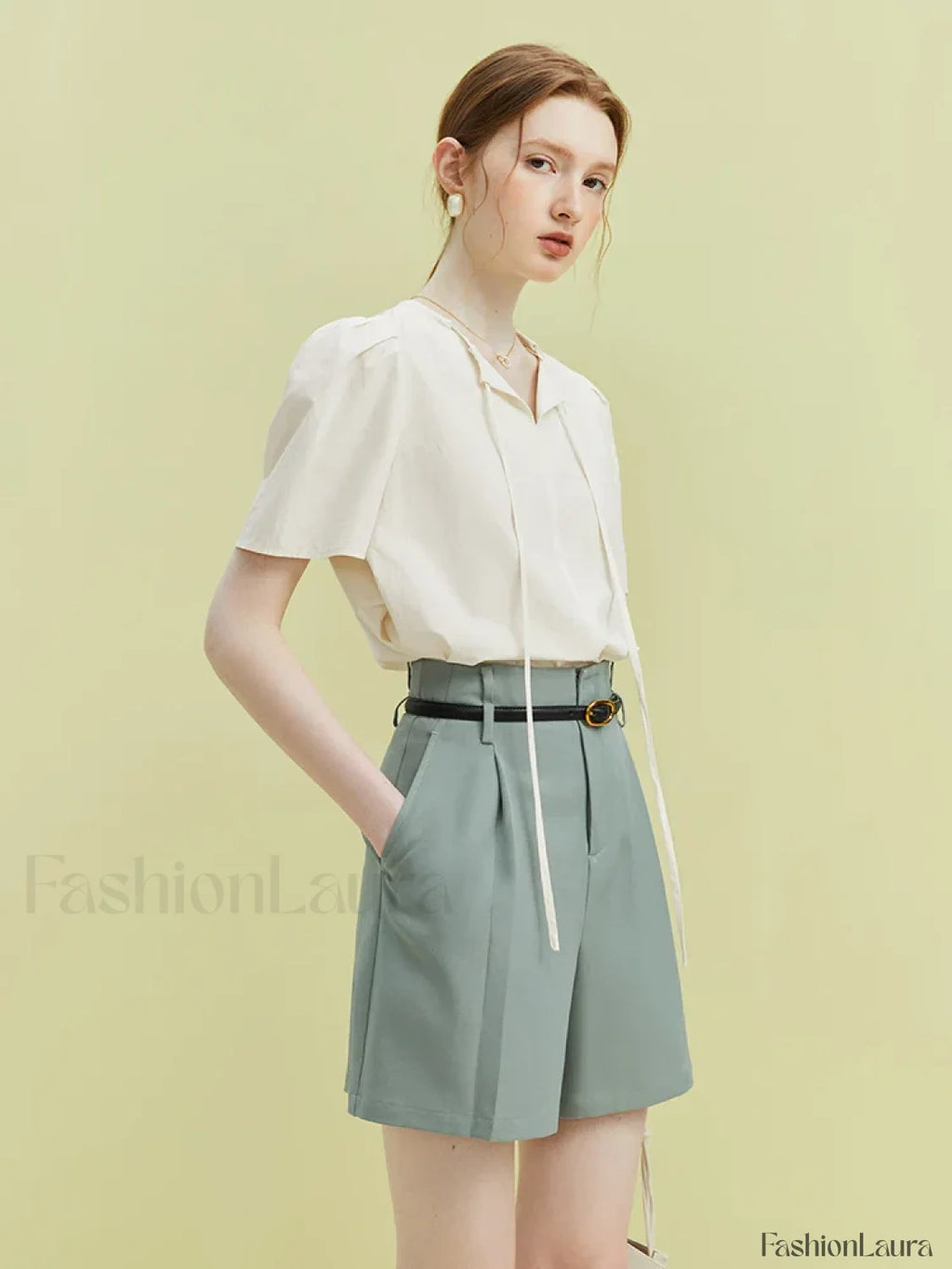 High Waist Pleated Design Twill Office Lady Solid Short Green / S