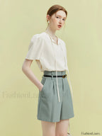 High Waist Pleated Design Twill Office Lady Solid Short Green / S
