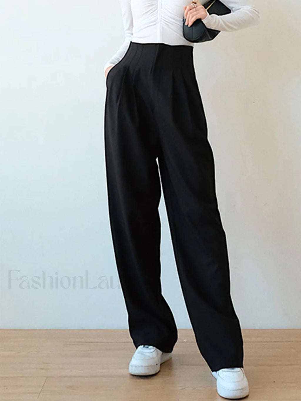 High Waist Pleated Trendy Wide Leg Pants Black / XS Pants