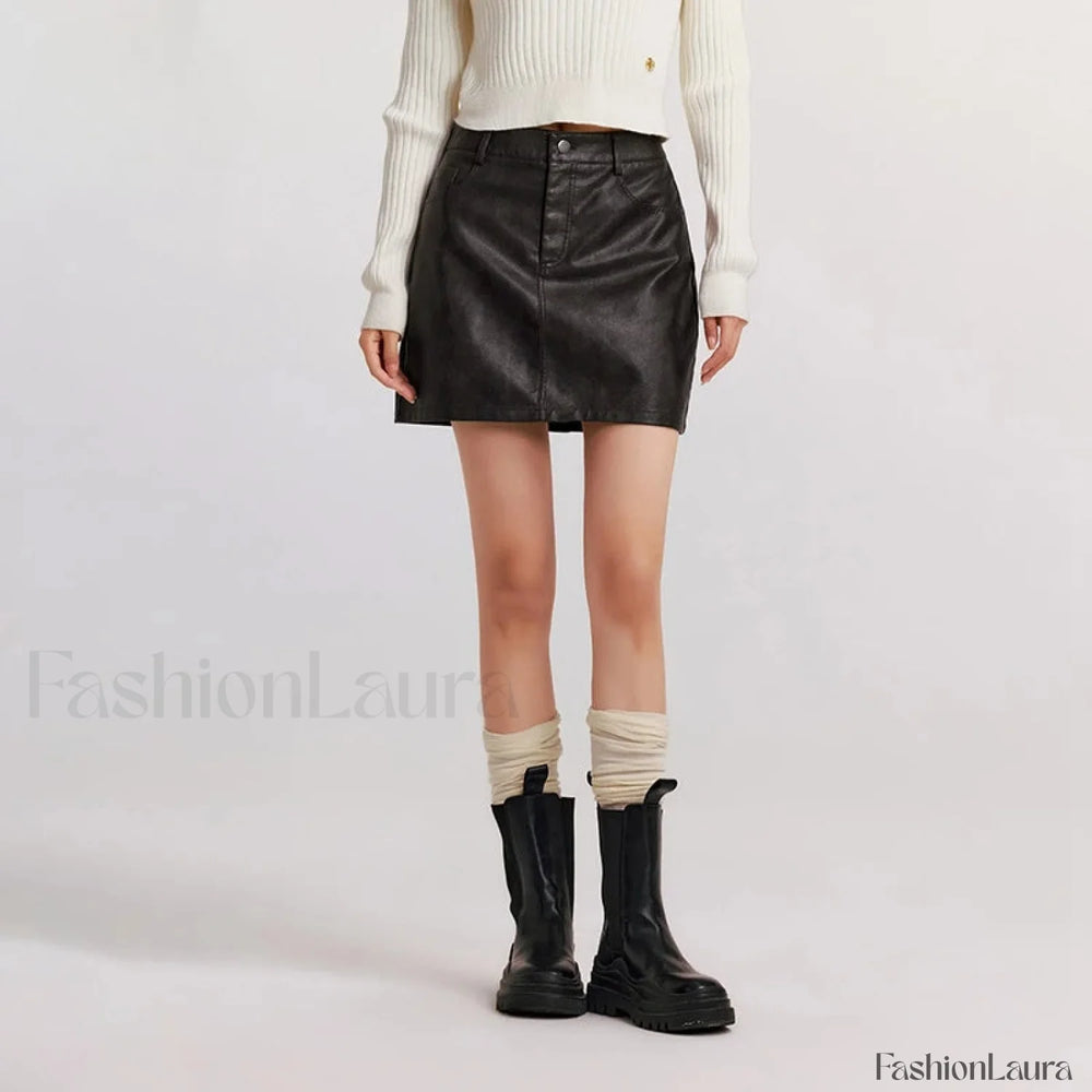 High Waist PU Leather Cool Skirt Black / XS
