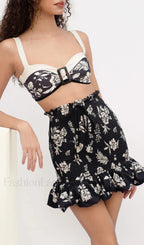 High Waist Smocked Skirt Three Piece Set Black / S