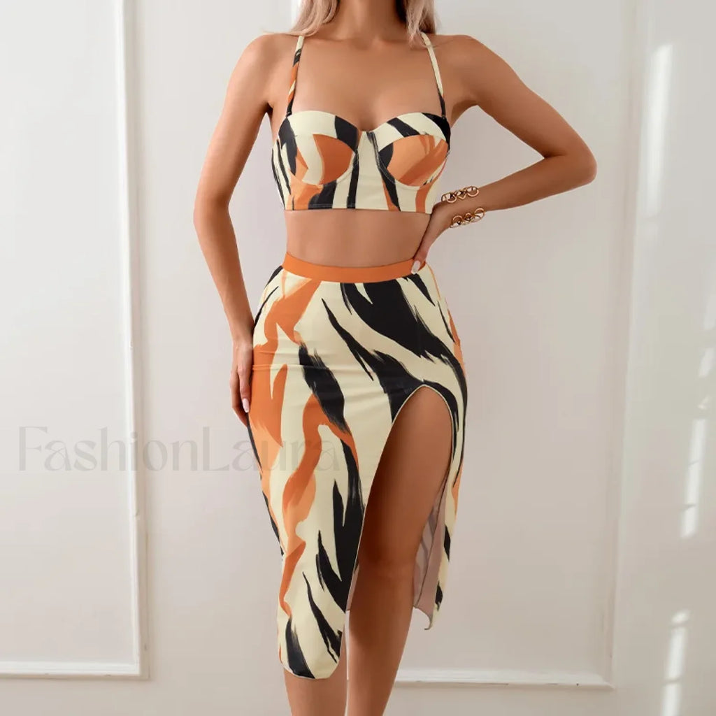 High Waist Striped Push Up Three Piece Set striped / S
