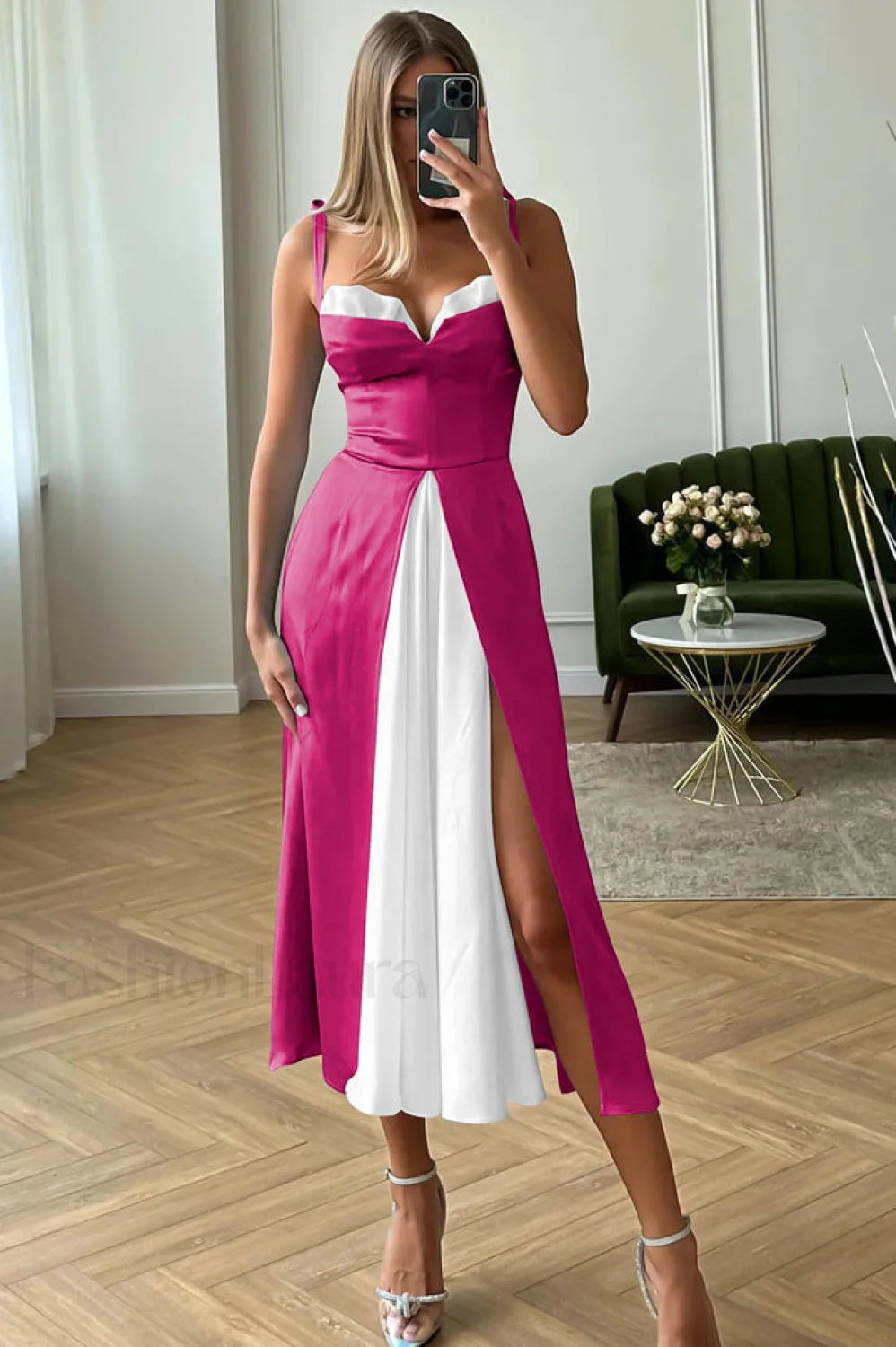 High Waist Stylish Satin Wrap Dress S / Hot Pink