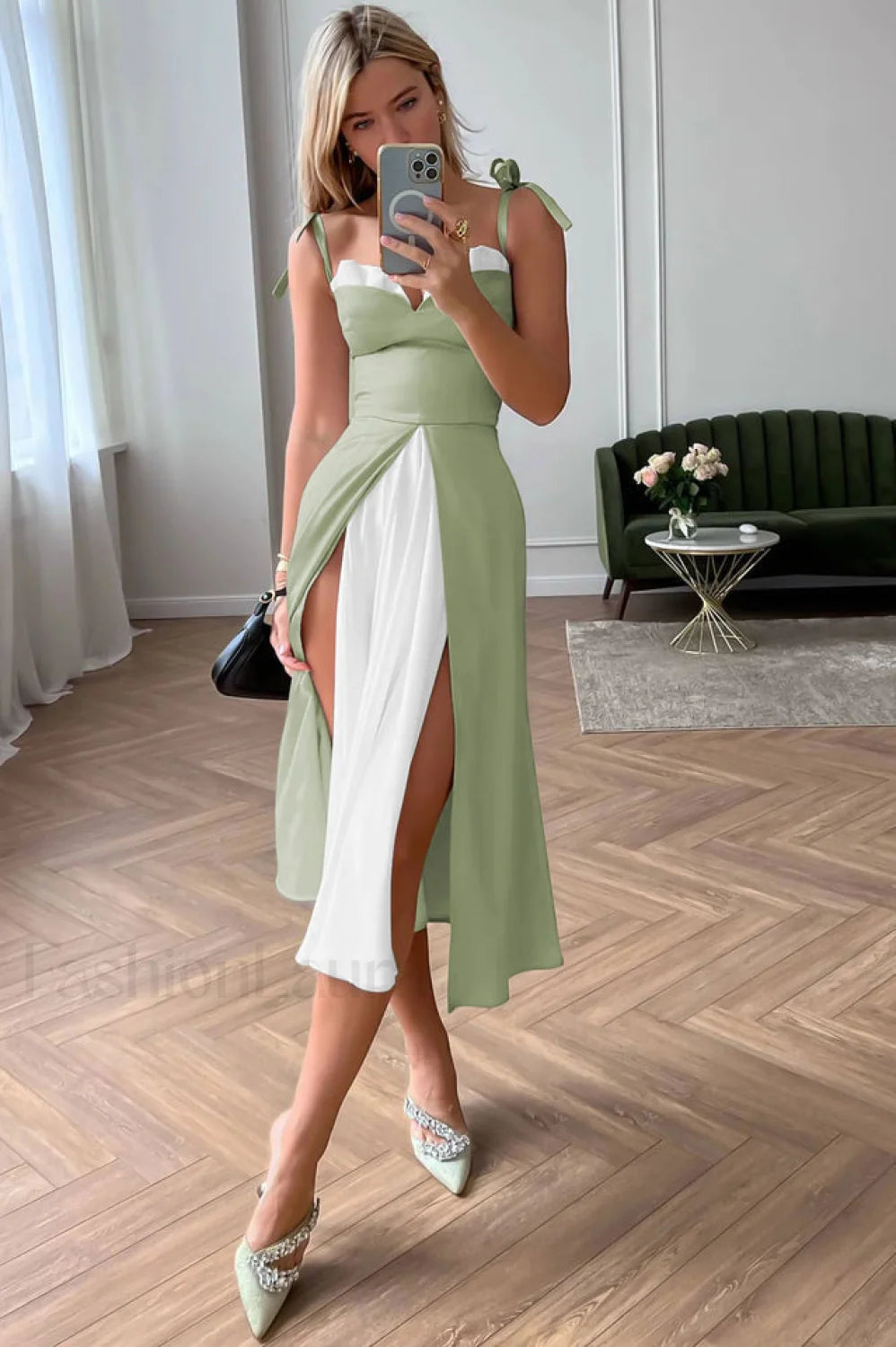 High Waist Stylish Satin Wrap Dress S / Mint
