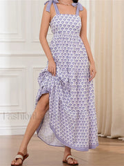 High Waist Tie Strap Print Maxi Dress
