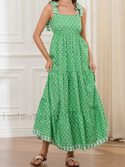 High Waist Tie Strap Print Maxi Dress