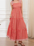 High Waist Tie Strap Print Maxi Dress red / S