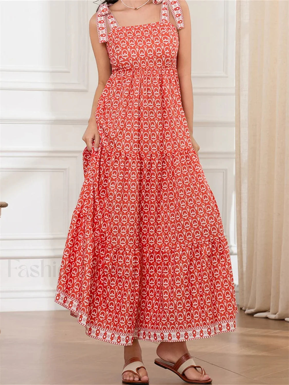 High Waist Tie Strap Print Maxi Dress red / S