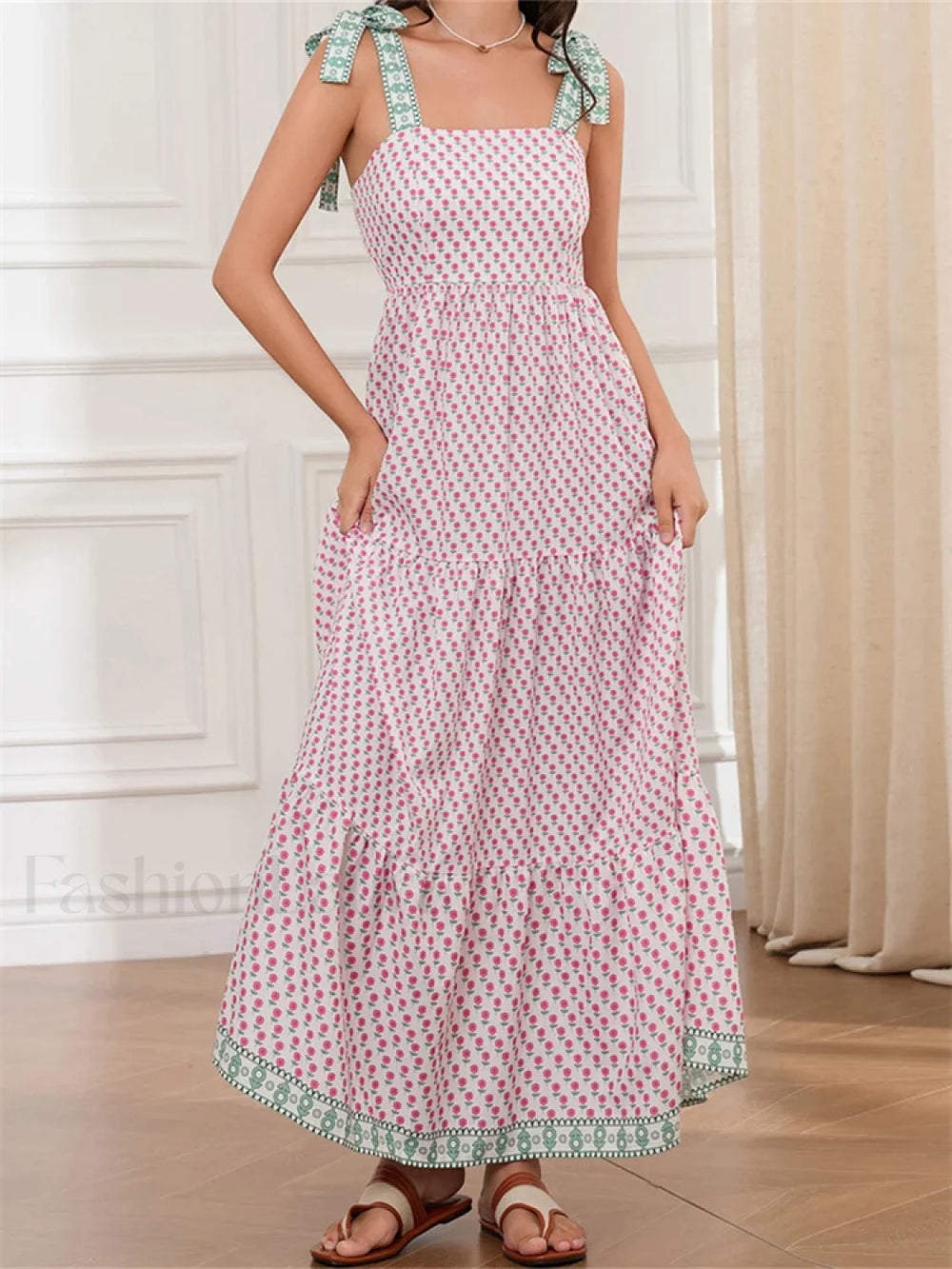 High Waist Tie Strap Print Maxi Dress pink / S