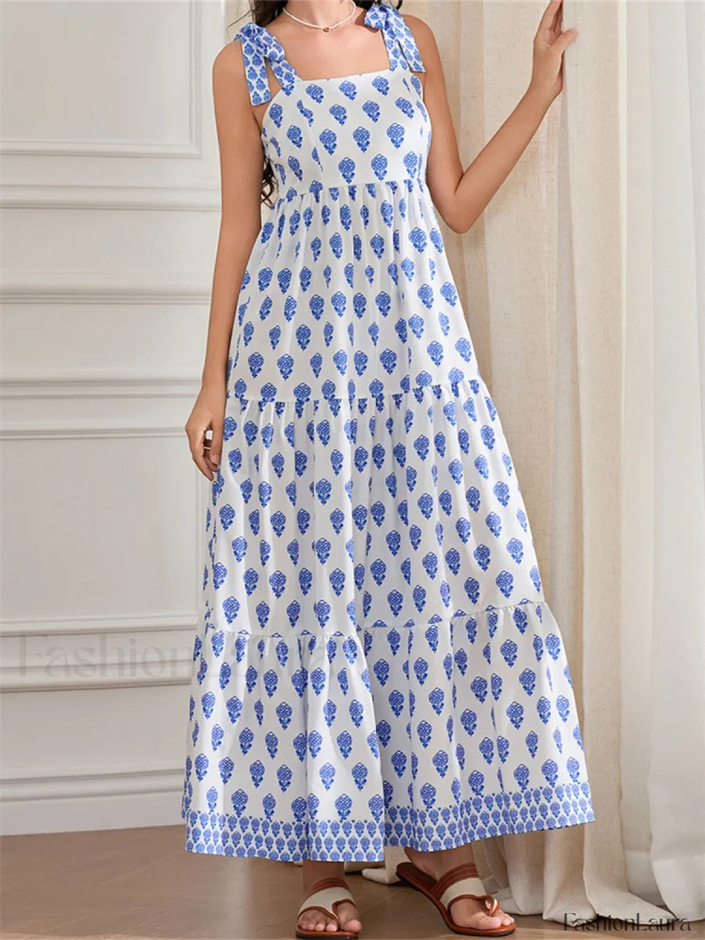 High Waist Tie Strap Print Maxi Dress blue / S
