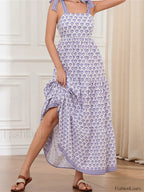High Waist Tie Strap Print Maxi Dress purlple / S