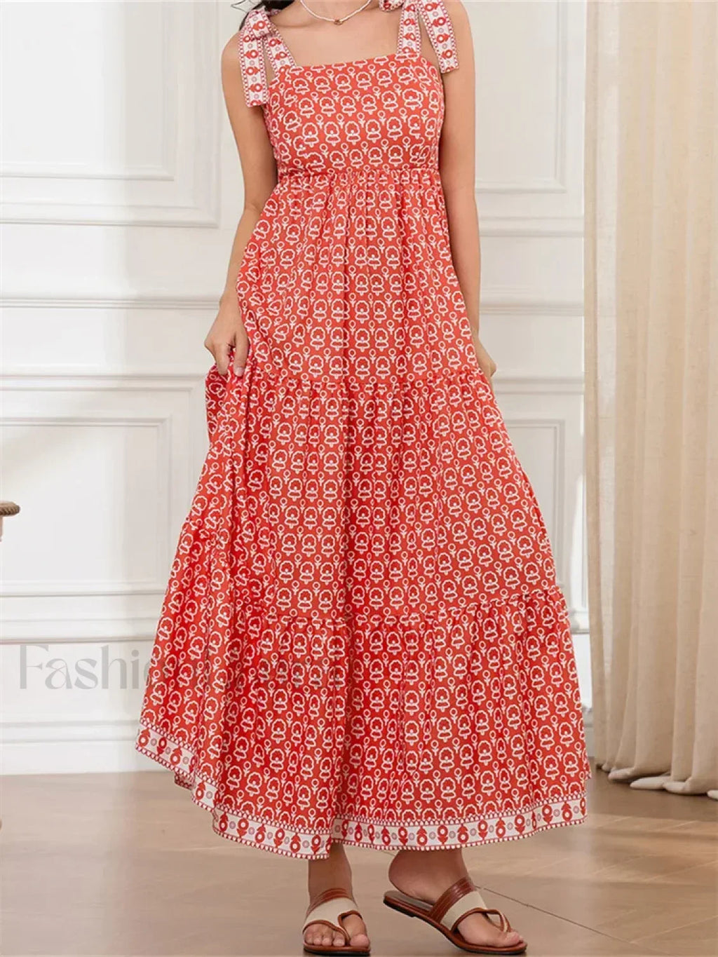 High Waist Tie Strap Print Maxi Dress red / S