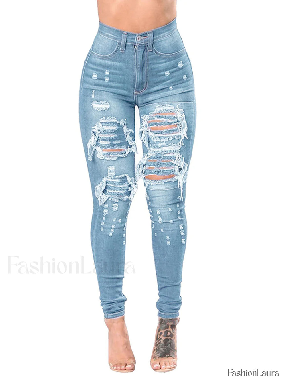 High Waisted Skinny Ripped Jeans Light Blue / M Jeans