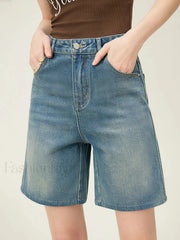 High Waisted Vintage Washed Denim Seaside Vacation Short Blue / S