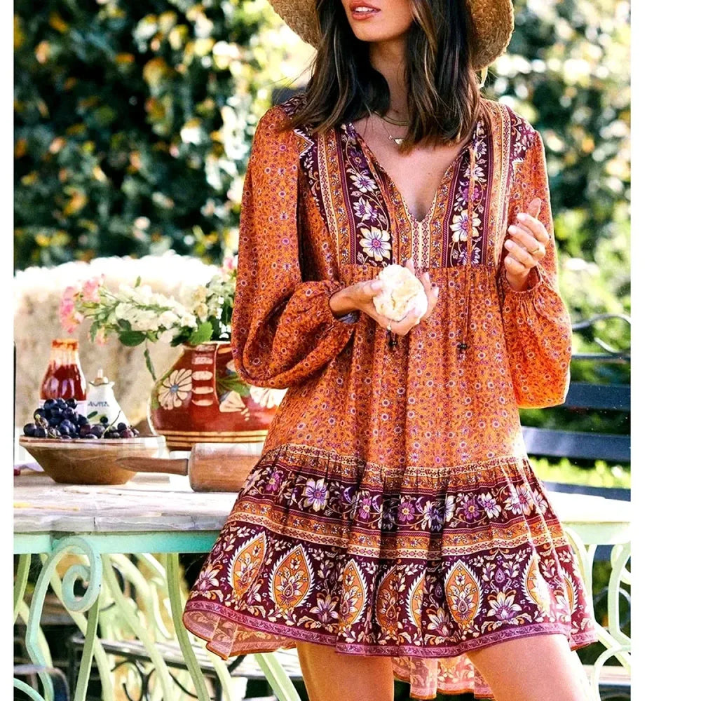 Hippie Tie Up Ruffled Boho Dress