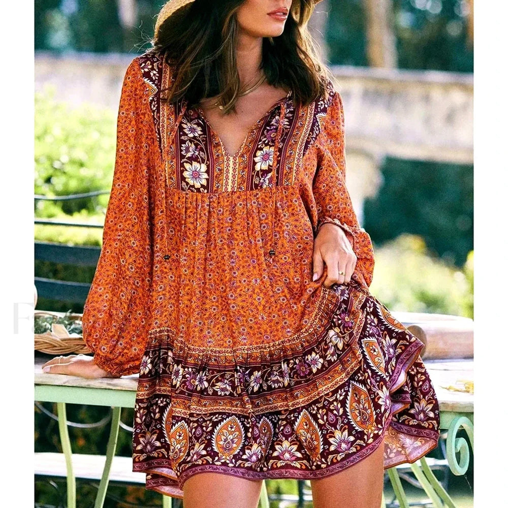 Hippie Tie Up Ruffled Boho Dress Orange / S