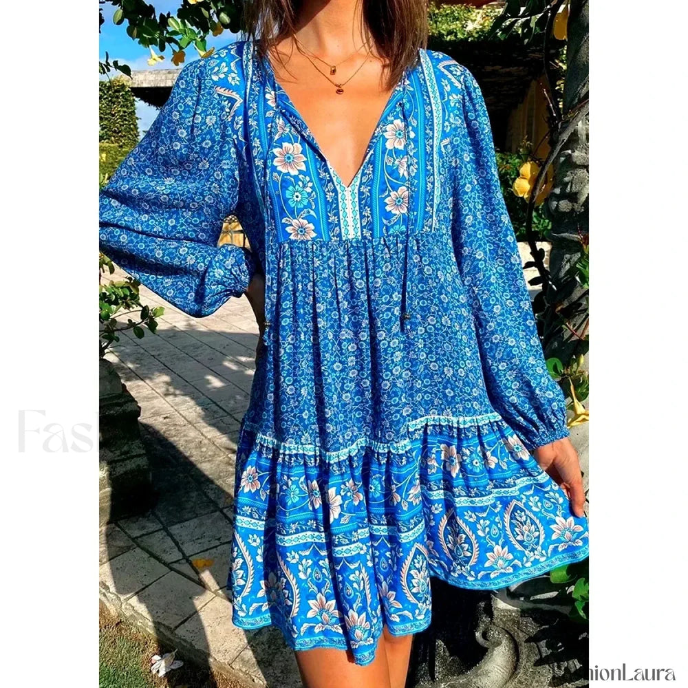 Hippie Tie Up Ruffled Boho Dress SKY BLUE / S