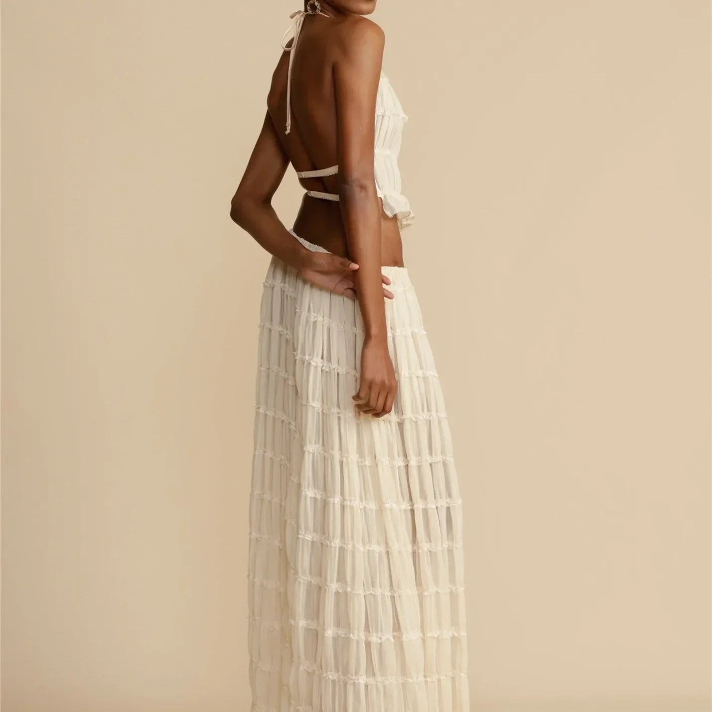 2Piece Skirt Set for Women Lace Up Back Tank Tops Tie Up High Waist Long Skirts Outfits Fairy Vacation Cottagecore Lace