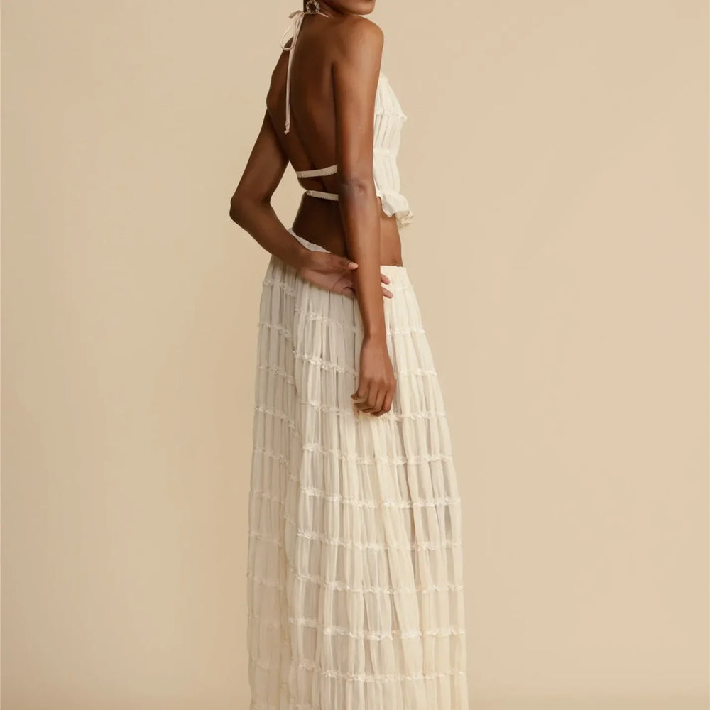 2Piece Skirt Set for Women Lace Up Back Tank Tops Tie Up High Waist Long Skirts Outfits Fairy Vacation Cottagecore Lace