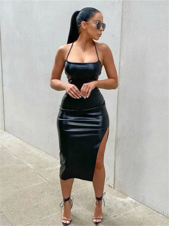 Hirigin PU Leather Black Party Halter Backless Bandage Club Slit Midi Dress Main image