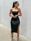 Hirigin PU Leather Black Party Halter Backless Bandage Club Slit Midi Dress Black / S