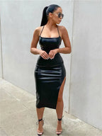 Hirigin PU Leather Black Party Halter Backless Bandage Club Slit Midi Dress Black / S
