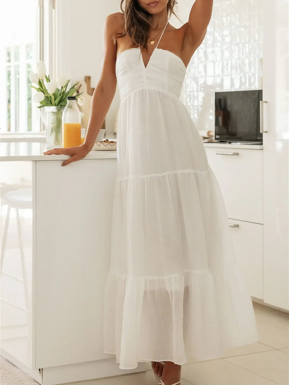 Women Solid Tie Up Halter Neck Backless Casual Beach A Line Dress WHITE / S