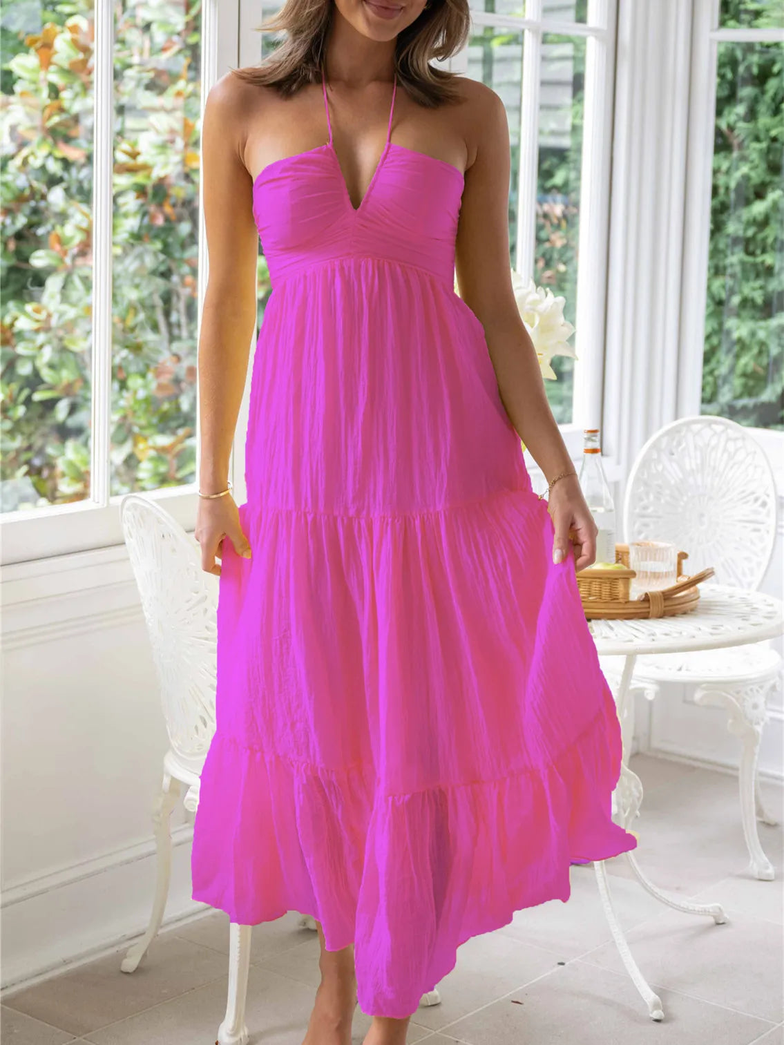 Women Solid Tie Up Halter Neck Backless Casual Beach A Line Dress Rose Red / S