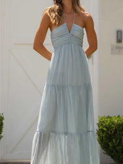 Women Solid Tie Up Halter Neck Backless Casual Beach A Line Dress