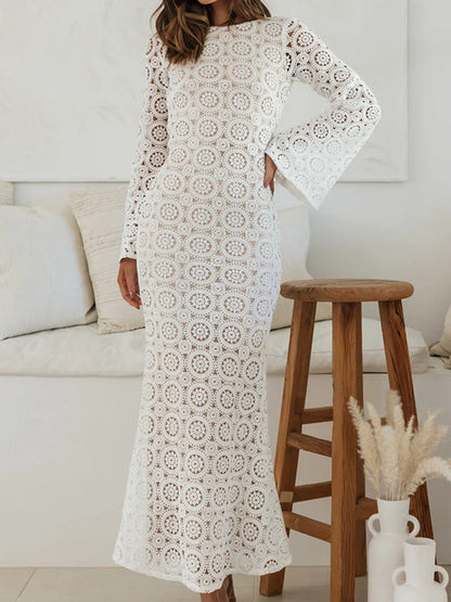 Women Knit Long Elegant Flower Jacquard Backless Maxi Hollow Out Crochet Holiday Beach Lace Dress