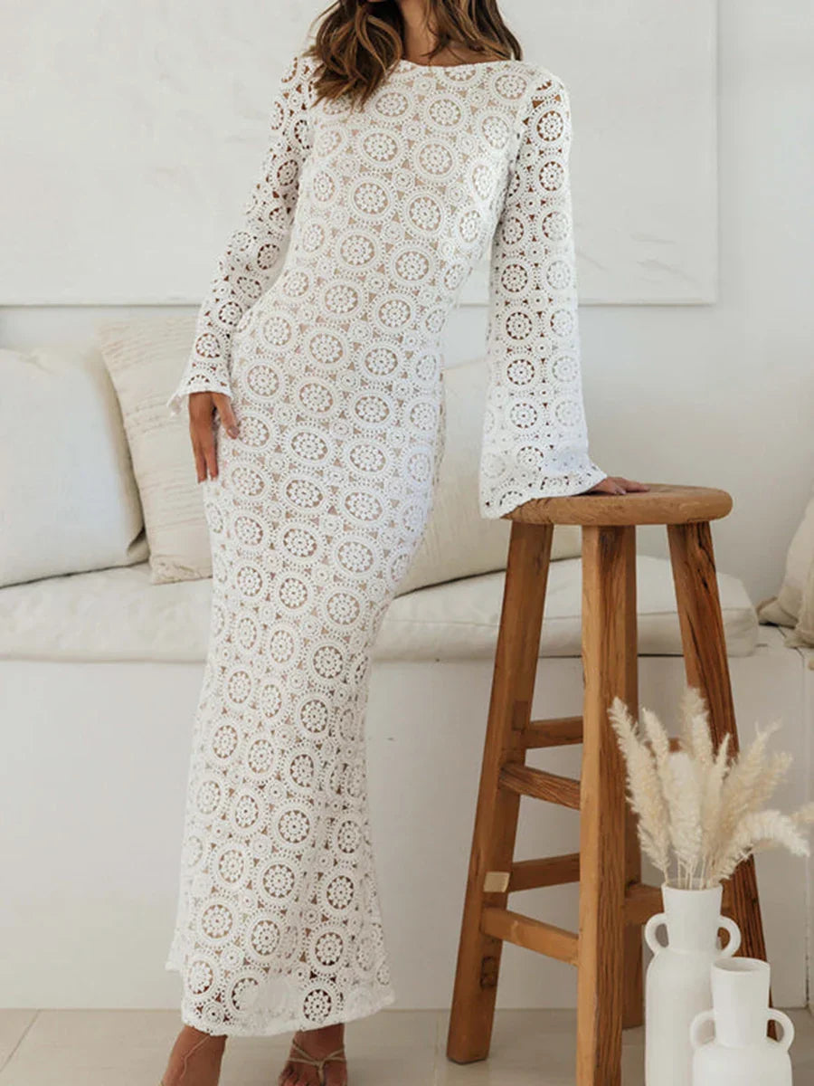 Women Knit Long Elegant Flower Jacquard Backless Maxi Hollow Out Crochet Holiday Beach Lace Dress